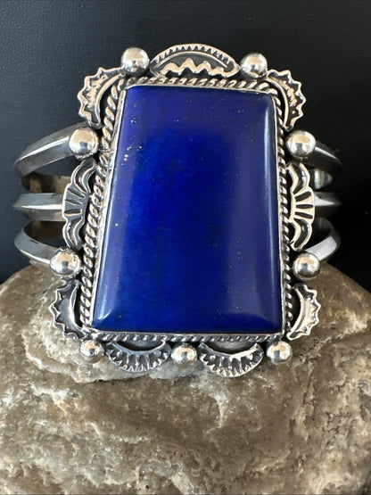 Native Mens Blue Lapis Lazuli Sterling Silver Cuff Bracelet 8" 18602