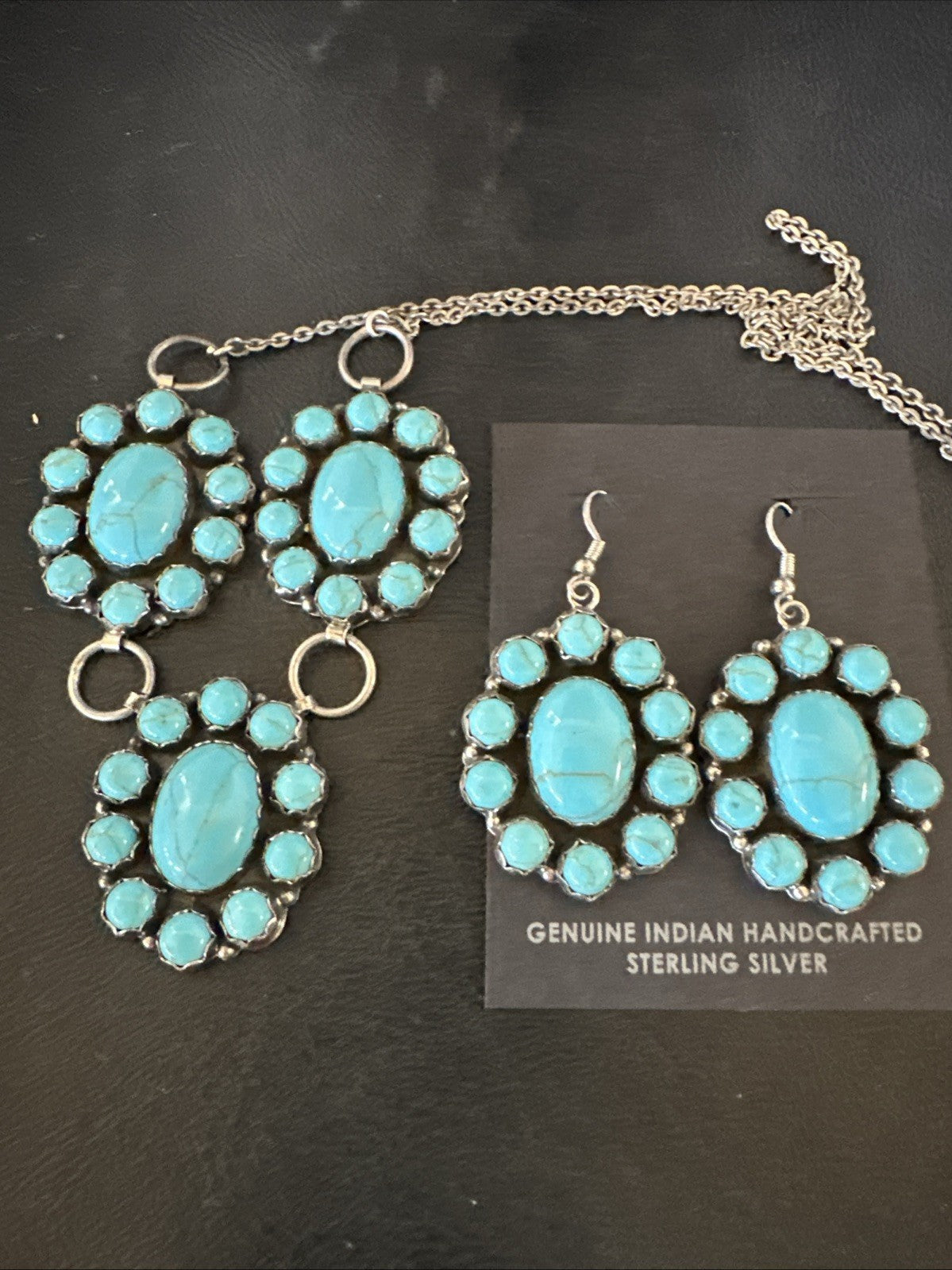 Cluster Lariat Blue Kingman Turquoise Earrings Necklace Pendant Navajo 23" 19112