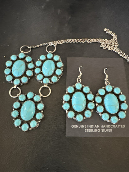 Cluster Lariat Blue Kingman Turquoise Earrings Necklace Pendant Navajo 23" 19112