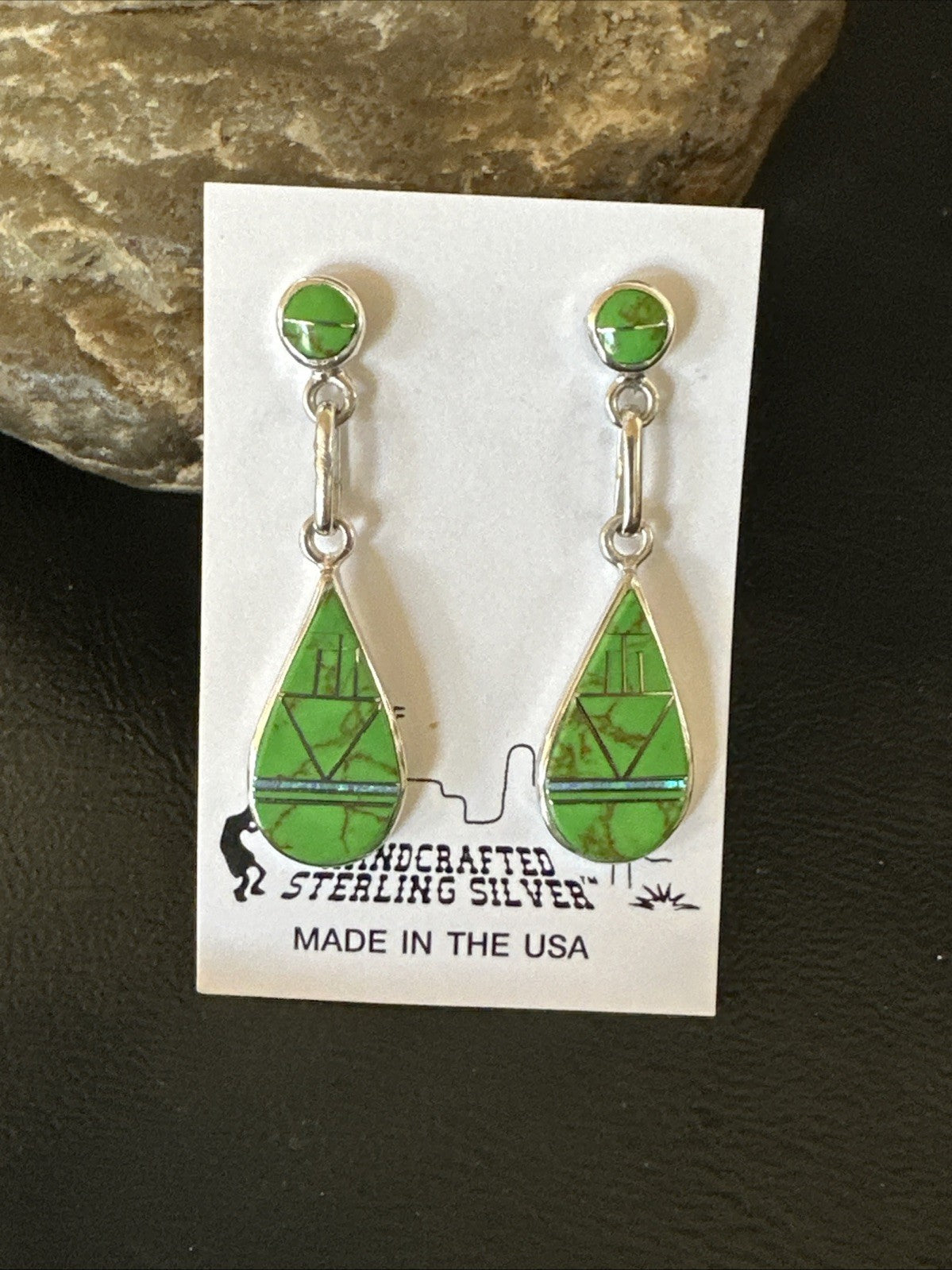 Green Gaspeite Southwestern Sterling Silver Inlay Earrings 1.5" 19154