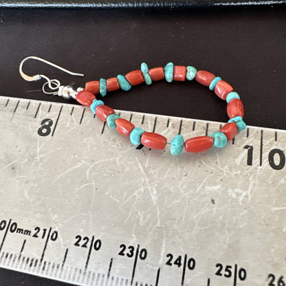 Blue Turquoise Coral Navajo Sterling Silver Earrings 2” 18835