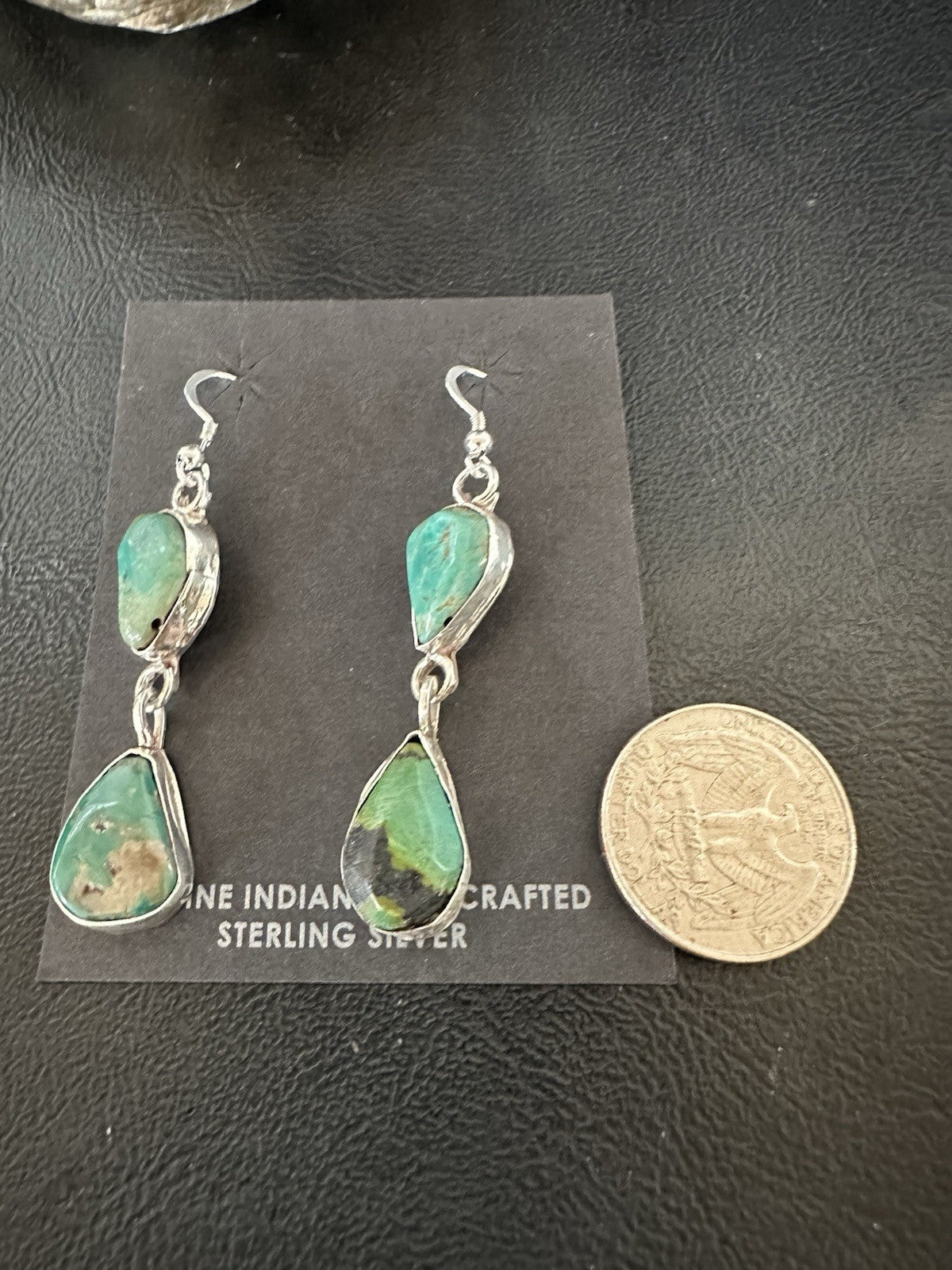 Green Royston Turquoise Navajo Sterling Silver Dangle Earrings 19370