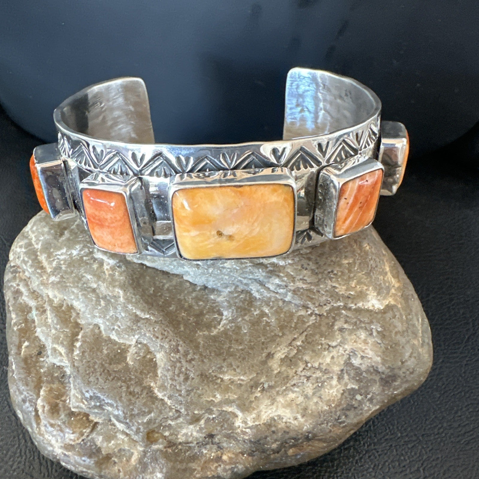 Orange Spiny Oyster 5 Stone Row Sterling Silver Navajo Cuff Bracelet 7.7" 19478