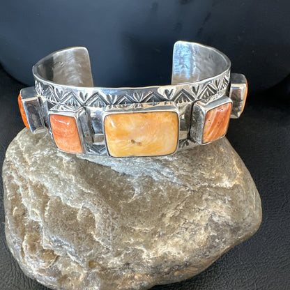 Orange Spiny Oyster 5 Stone Row Sterling Silver Navajo Cuff Bracelet 7.7" 19478