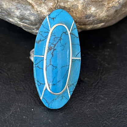 Native American Indian Navajo Blue Turquoise Inlay Band Ring Sz 7 18759