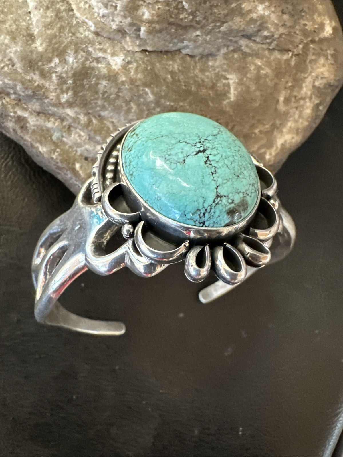 Yazzie Mens Blue Turquoise Navajo Sterling Silver Tufa Cast Cuff Bracelet 19694