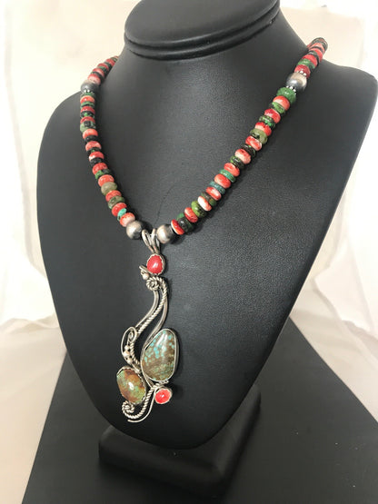 Turquoise #8 & Spiny Oyster Pendant Navajo Sterling Silver Beads Necklace 08646