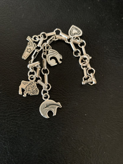 Kokopelli Different Charms Navajo Sterling Silver Link Bracelet 7.5" 1464