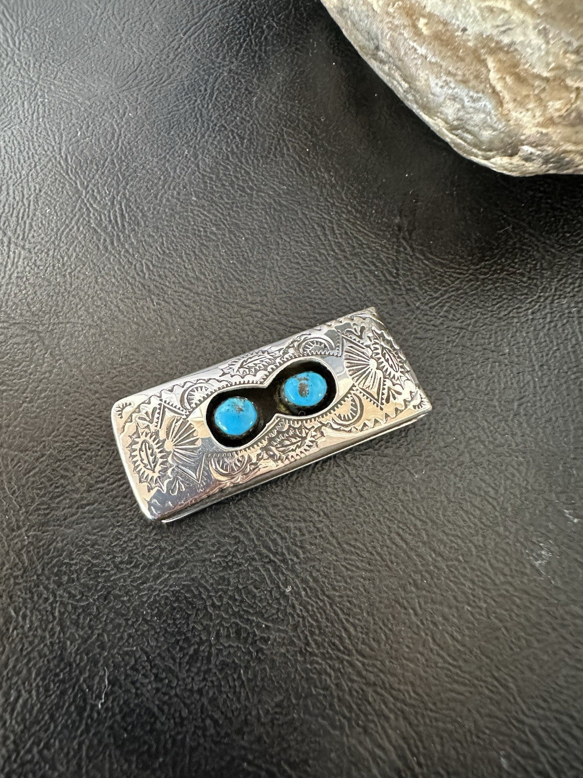 Mens Blue Turquoise Navajo Stainless Stamped Silver Money Clip 19367