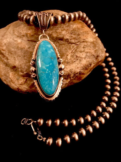 Yazzie Blue Turquoise 2.5" Pendant Navajo Pearls Sterling Silver Necklace 3232