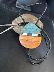 Men's Turquoise Orange Spiny Oyster Santo Domingo Bolo Tie | Sterling Silver | Authentic Native American Handmade | 14631