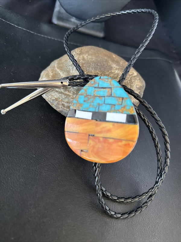 Men's Turquoise Orange Spiny Oyster Santo Domingo Bolo Tie | Sterling Silver | Authentic Native American Handmade | 14631