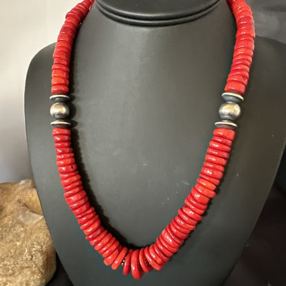 Red Bamboo Coral Navajo Sterling Silver Bead Necklace 19" 19227
