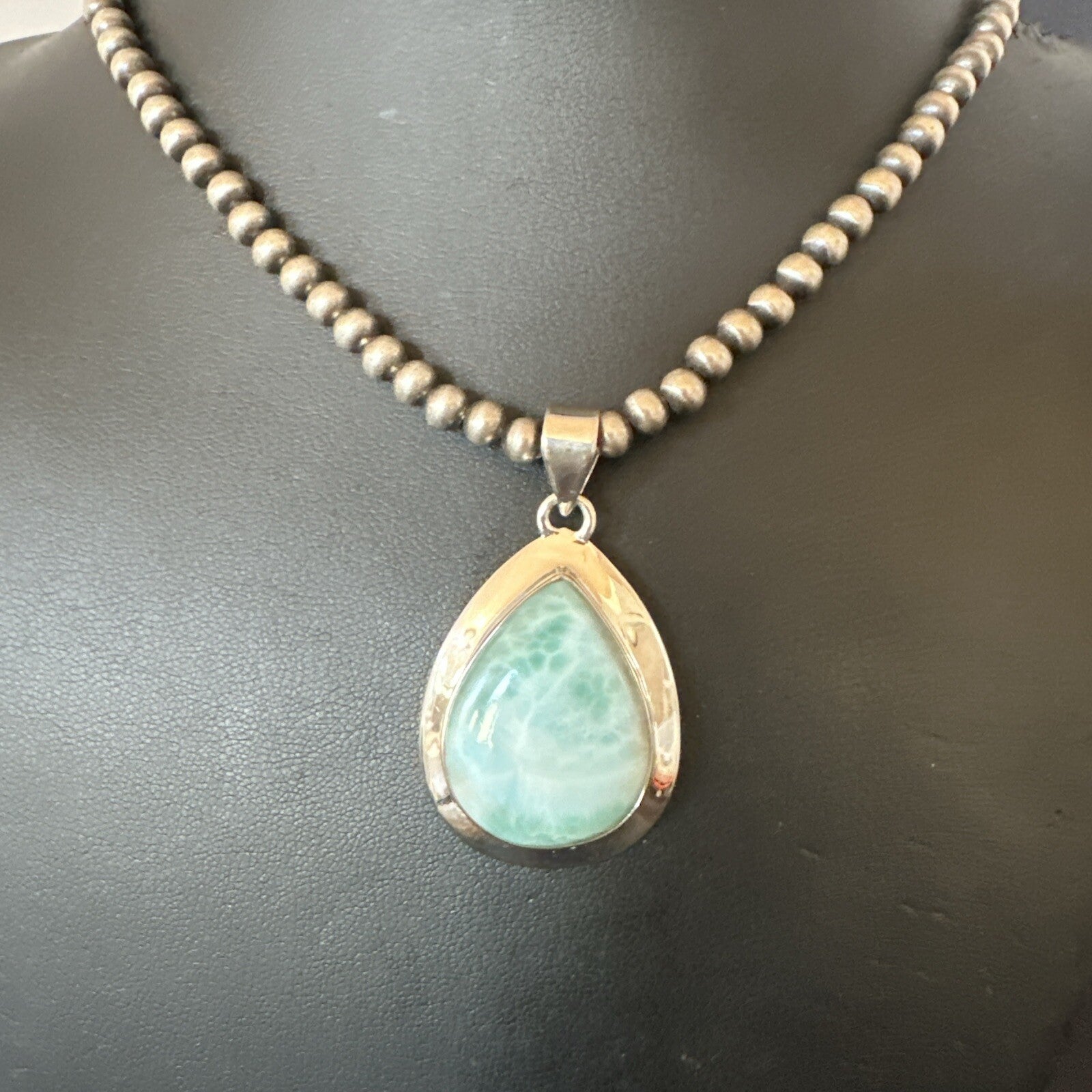 Womens Blue Larimar Pendant Navajo Sterling Silver Beads Necklace 17715