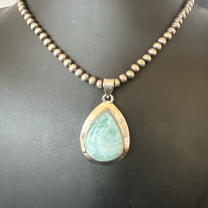 Womens Blue Larimar Pendant Navajo Sterling Silver Beads Necklace 17715
