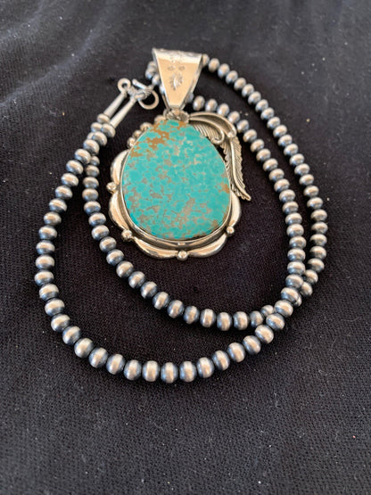 Mens Turquoise #8 Pendant Navajo Sterling Silver Beads Necklace 04619