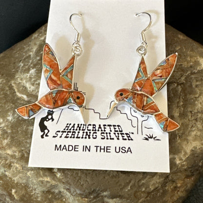 Orange Spiny Oyster Opal Sterling Silver Hummingbird Dangle Earrings 18552