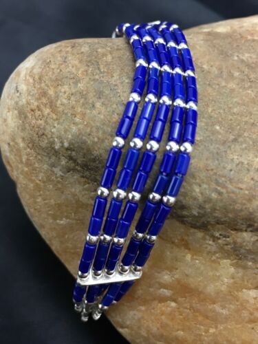 Navajo Lapis Heishi Bracelet Sterling Liquid Silver 5-Strand 7" 2934