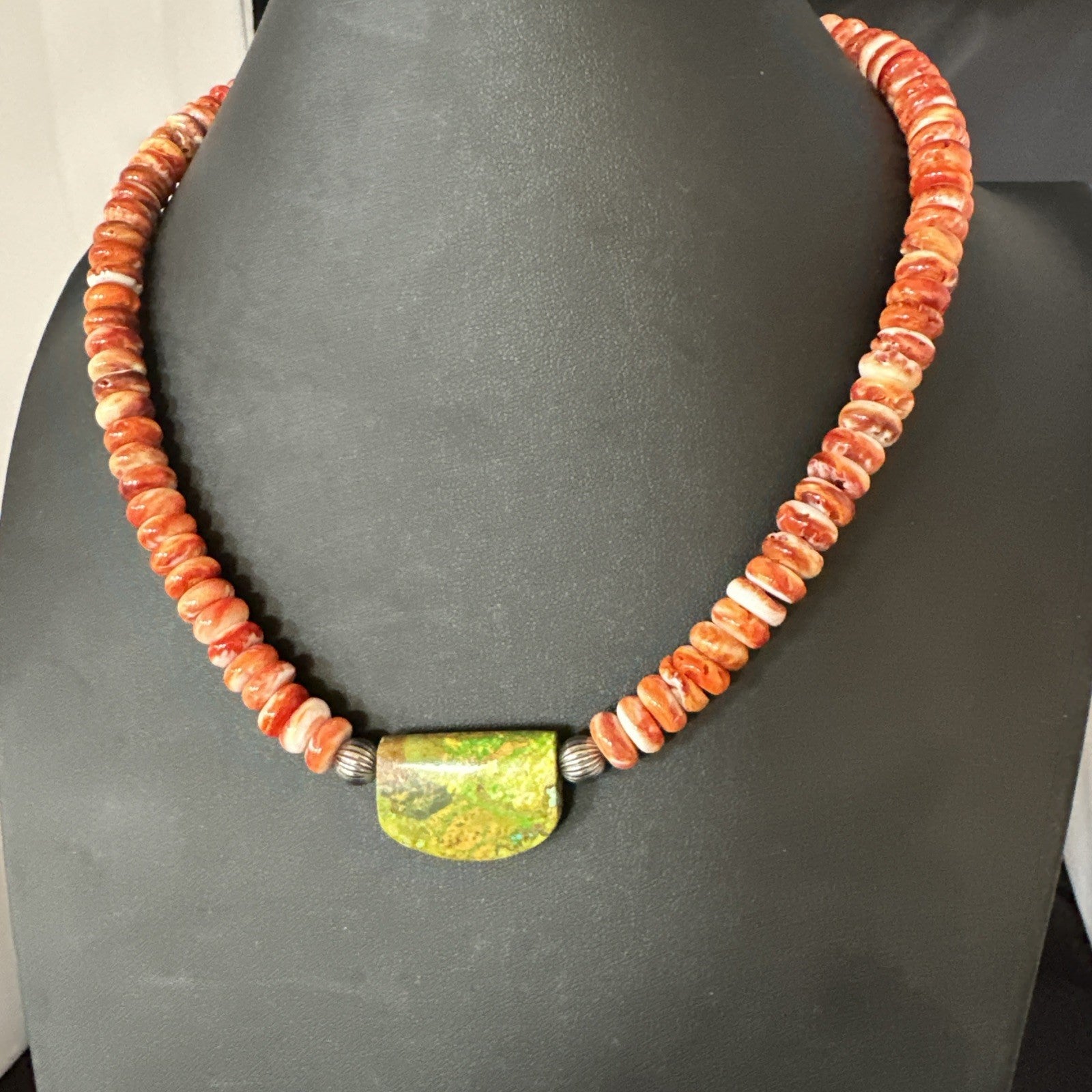 Orange Spiny  Green Turquoise Navajo Sterling Silver Pendant Necklace 20” 19636