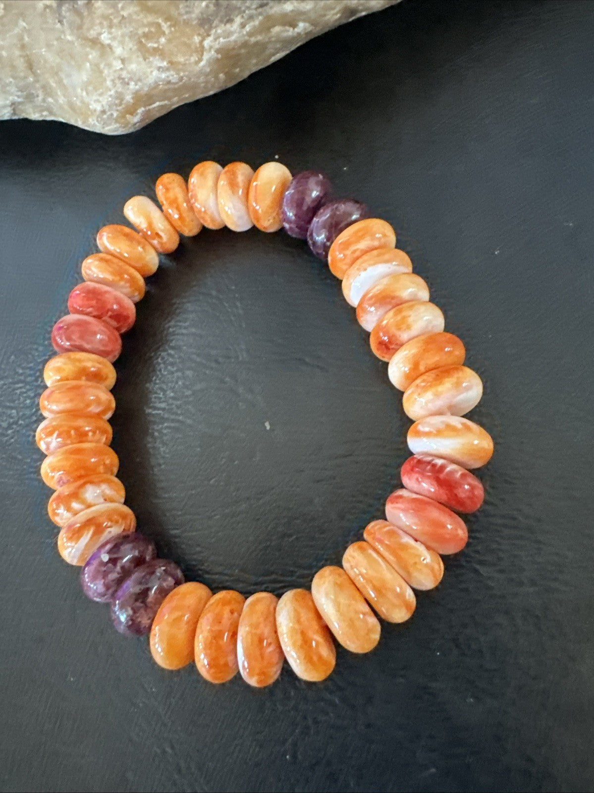 Orange Purple Spiny Oyster 12mm Bead Navajo Stretch Bracelet 19252