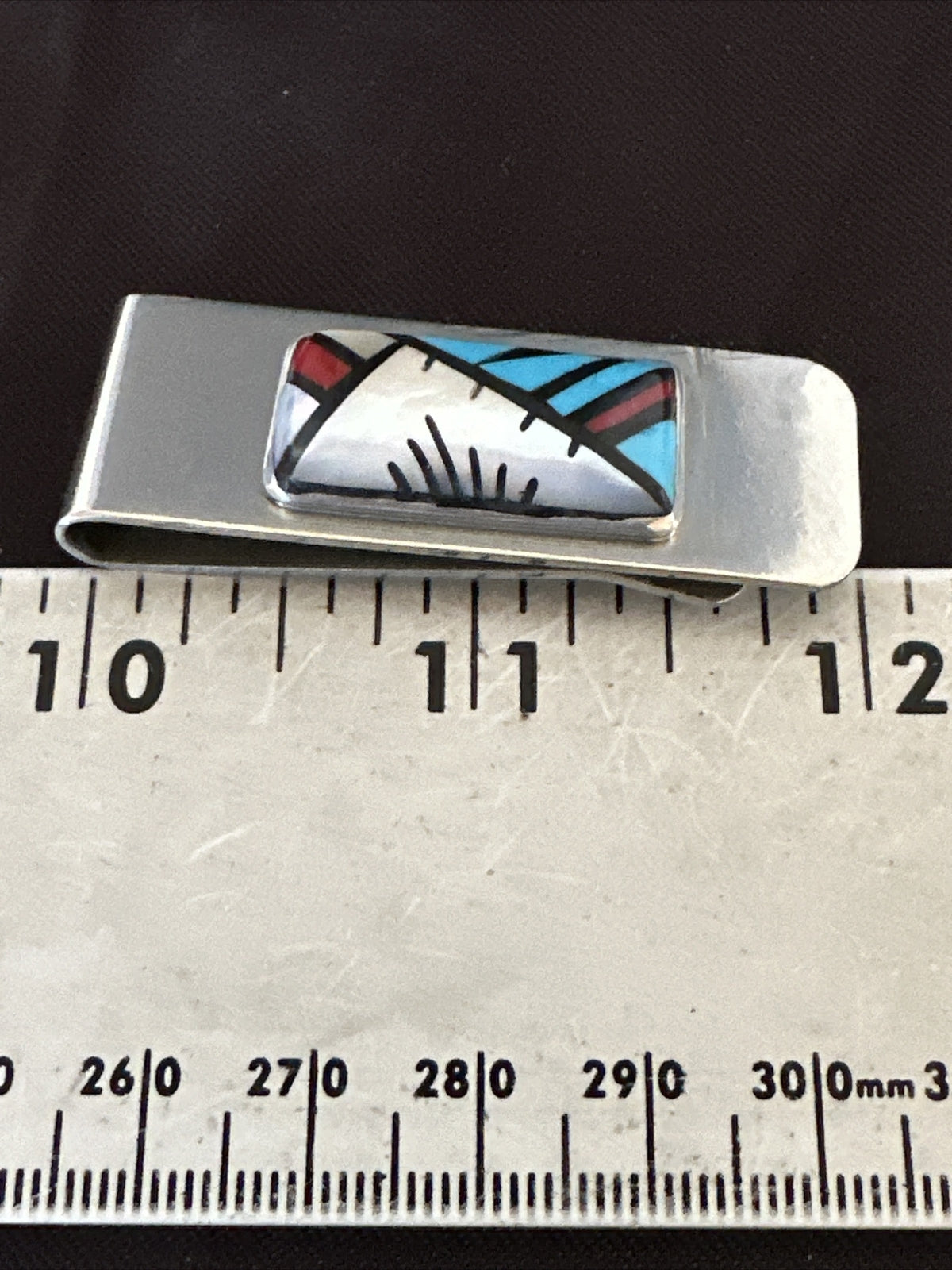 A Zuni Mens Turquoise Spiny Inlay Stainless Sterling Silver Money Clip 17833