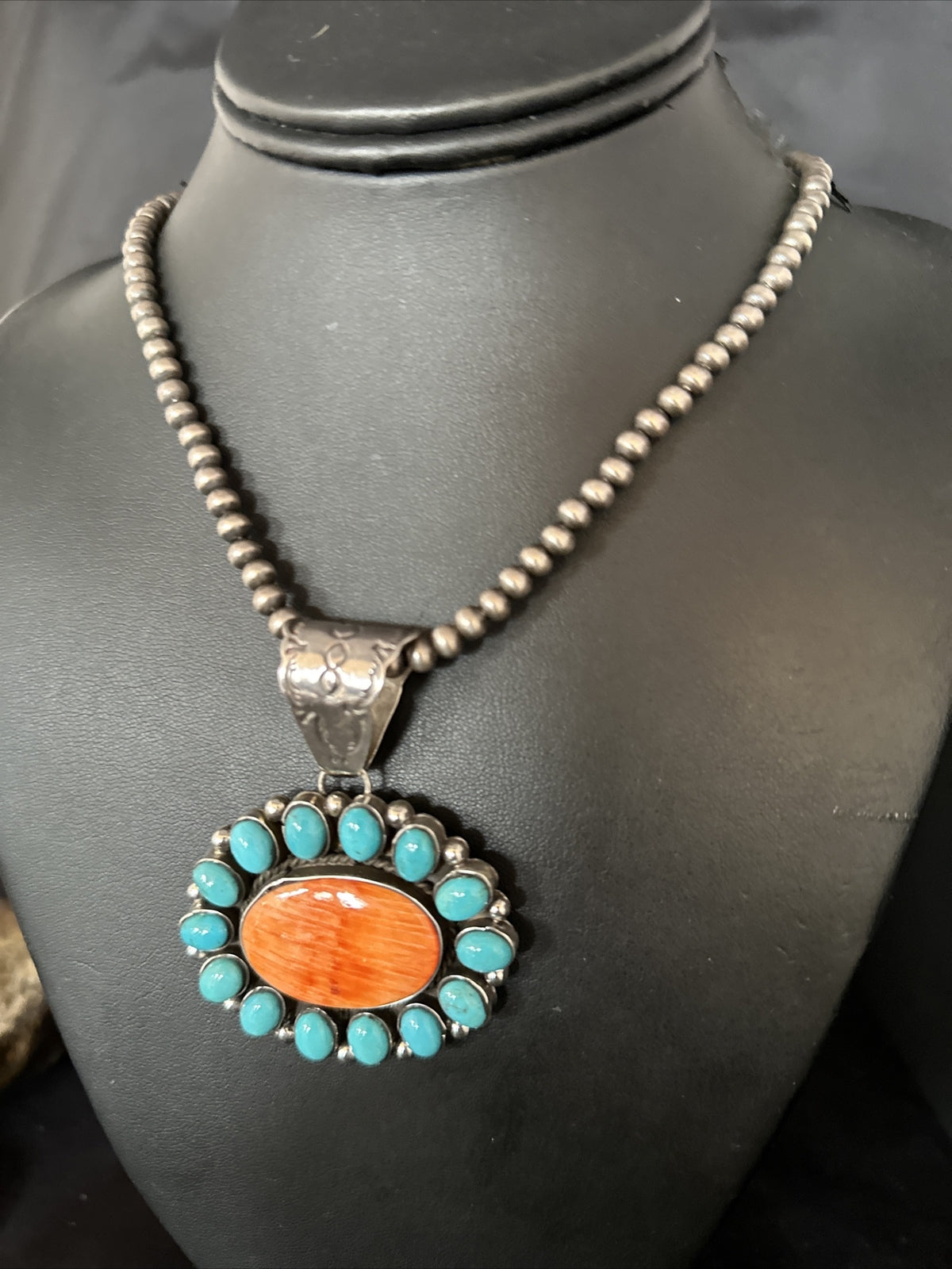 Kingman Turquoise & Spiny Oyster Cluster Pendant Sterling Silver Necklace 14277