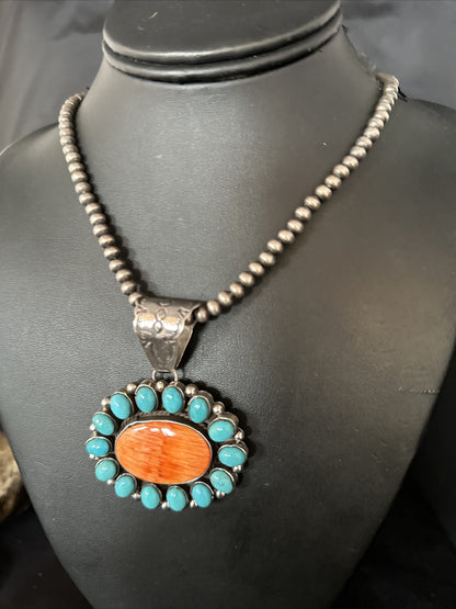 Kingman Turquoise & Spiny Oyster Cluster Pendant Sterling Silver Necklace 14277