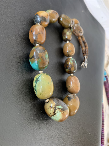 Green Chunky Turquoise Graduated Navajo Sterling Silver Necklace 20" 02113