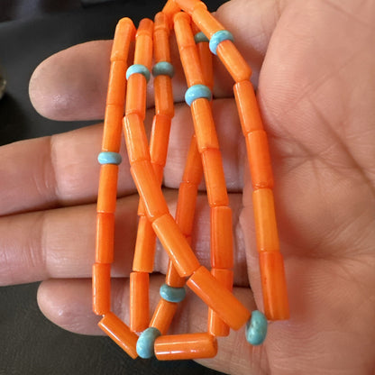 Native Turquoise Orange Coral Sterling Silver 3 Strand Necklace 21" 17819