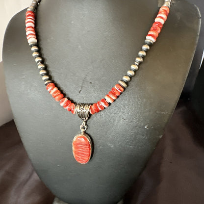 Navajo Pearls Sterling Silver Necklace Red Spiny Oyster Pendant 22" 18265