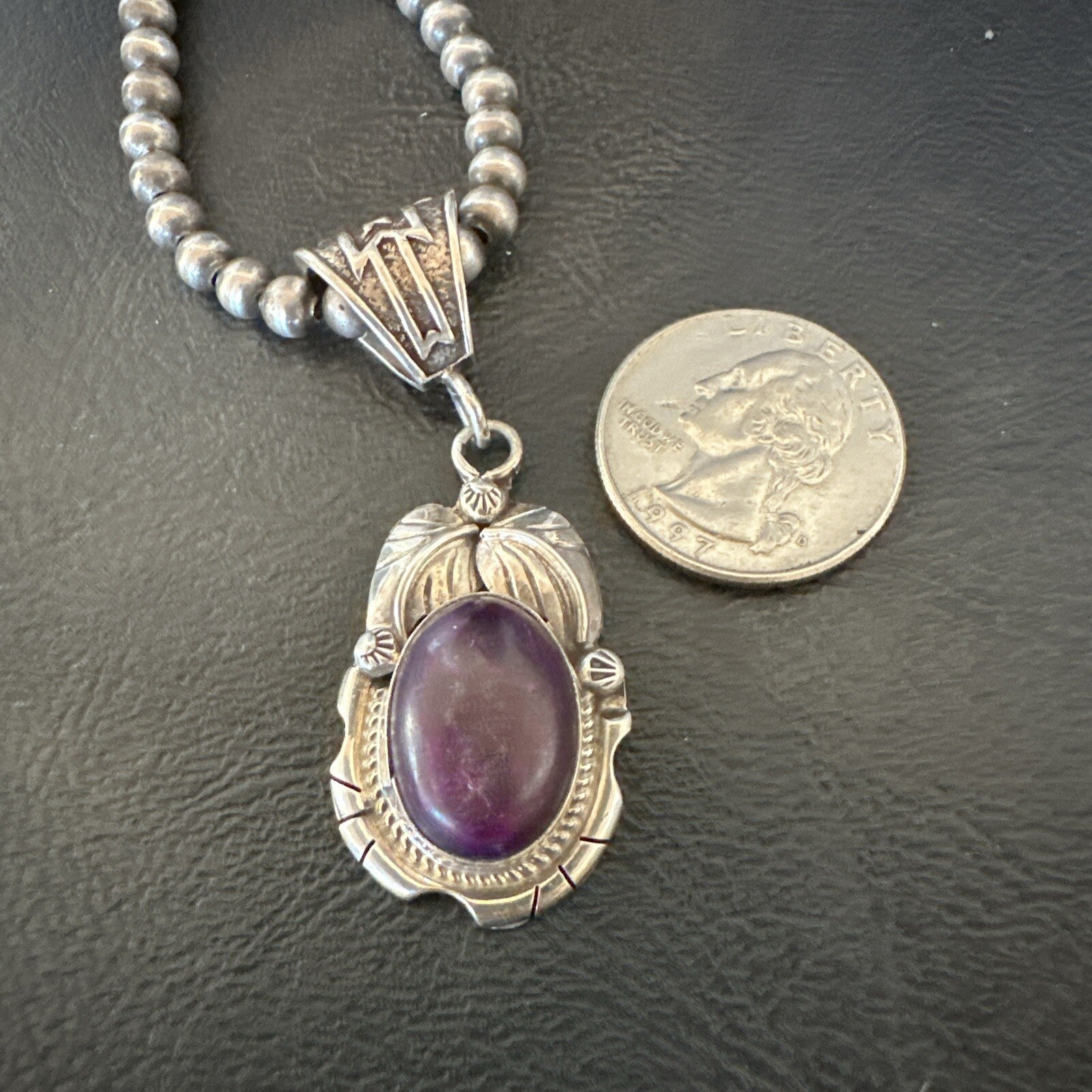 Purple Stone Pendant Navajo Pearls Sterling Silver Necklace 20” 18403