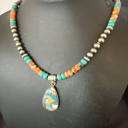 Spiny Pendant Turquoise Navajo Sterling Silver Necklace 21" 17898