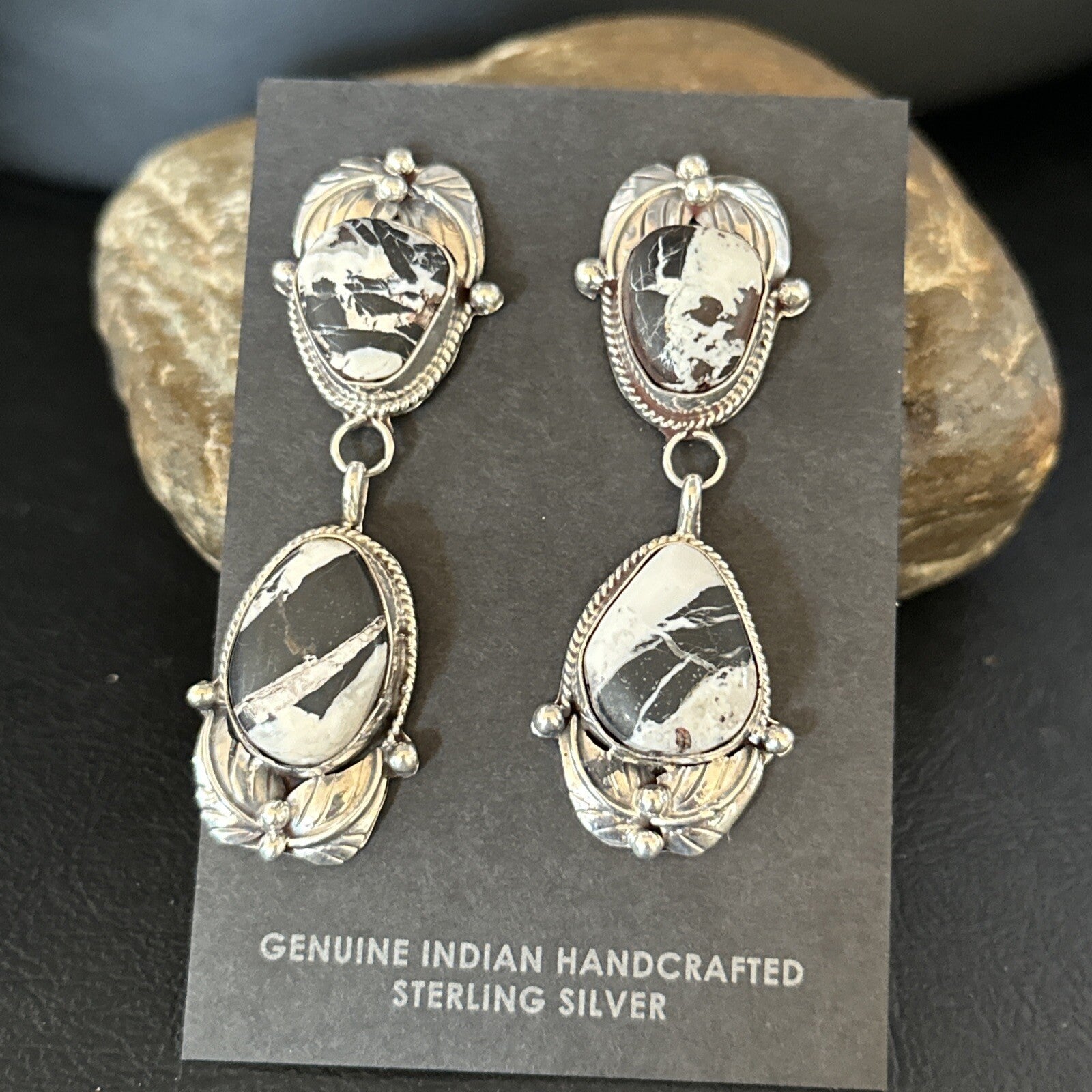 Women Navajo White Buffalo Turquoise Sterling Silver Dangle Earrings 2.5" 14743N