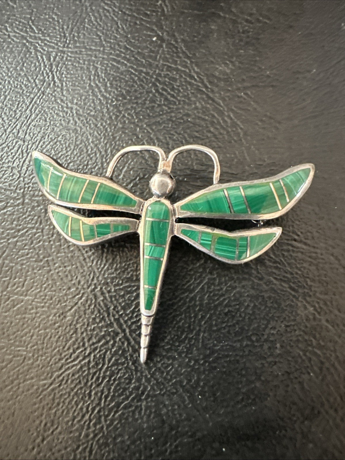 Rare Dragonfly Green Malachite Sterling Silver Inlay Pin 1.35” 19820