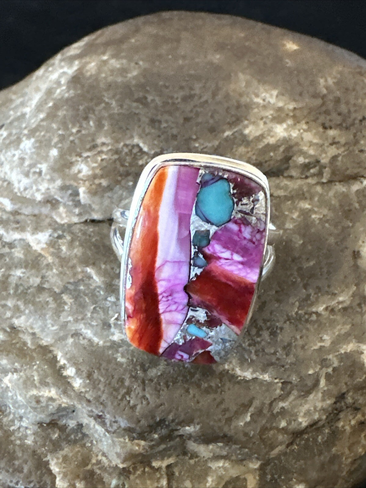 Blue Turquoise Spiny Oyster Southwestern Sterling Silver Ring Size 8 18487