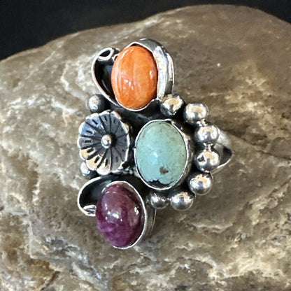 Multicolor Ring Turquoise Spiny Navajo Sterling Silver Cluster Size 8.5 19181
