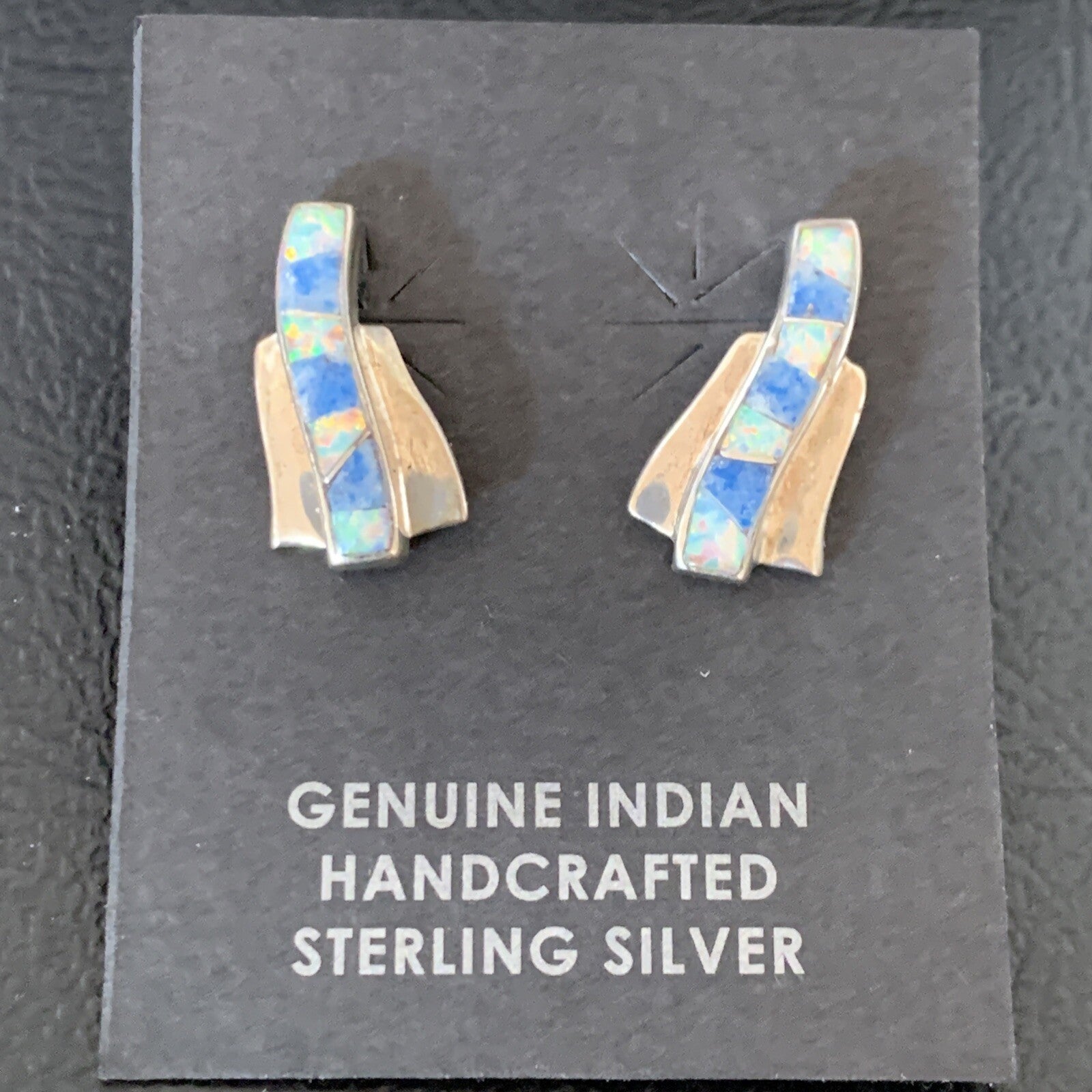 Women Blue Denim Lapis & White Opal Navajo Sterling Silver Inlay Earrings 128900
