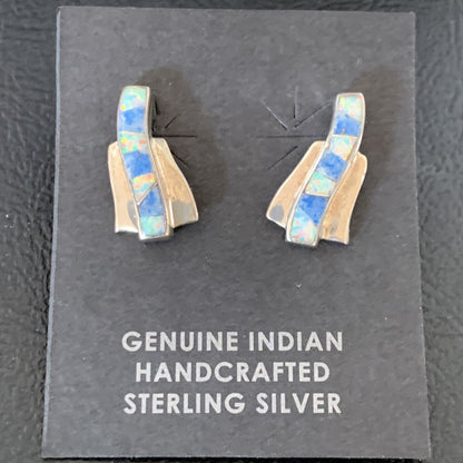Women Blue Denim Lapis & White Opal Navajo Sterling Silver Inlay Earrings 128900