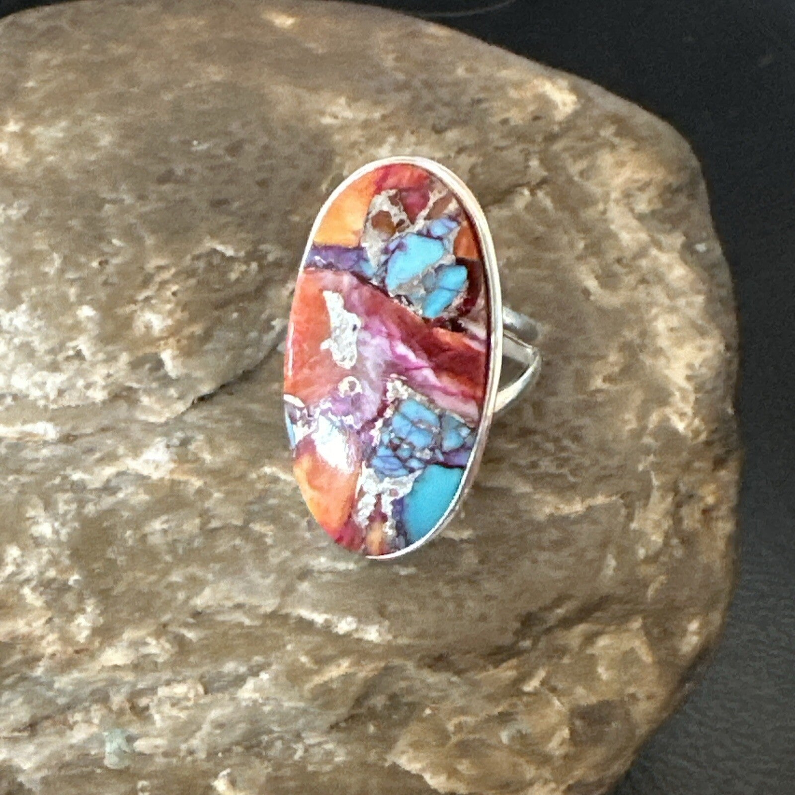 Blue Turquoise Spiny Oyster Southwestern Sterling Silver Ring Size 6 18514