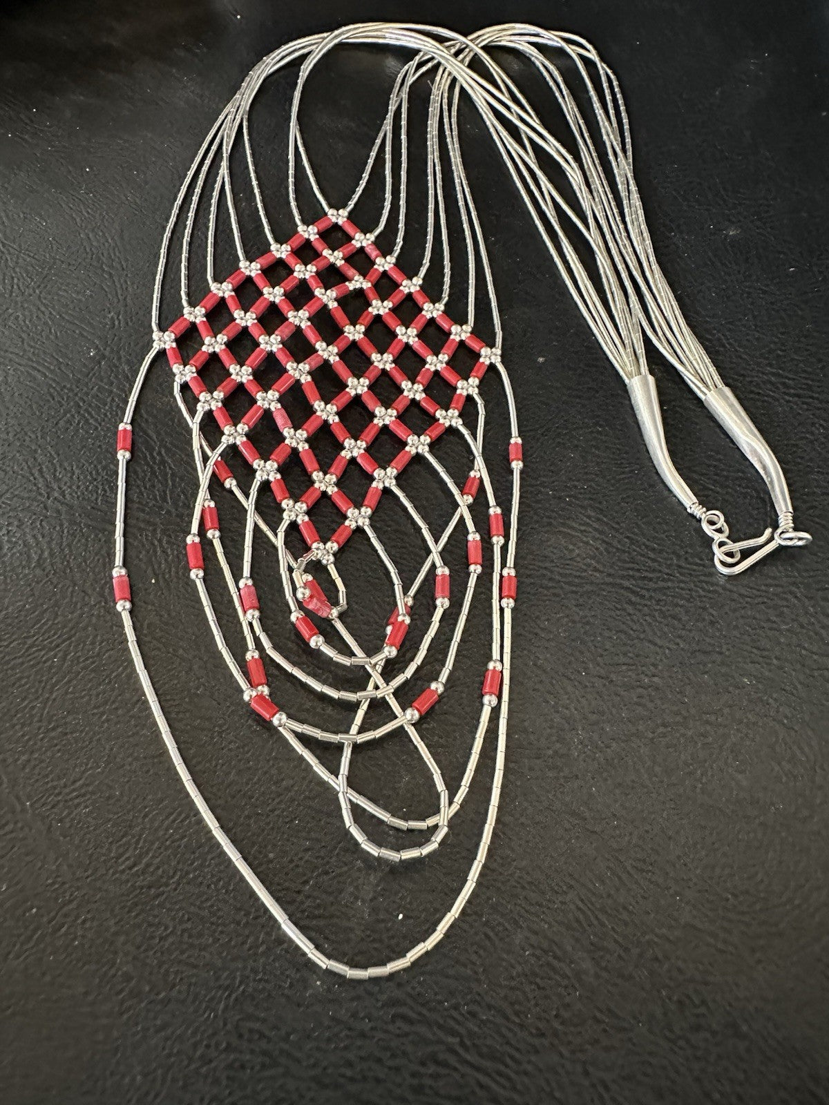 Red Coral Heishi Tubes Pendant 7 Strand Liquid Sterling Silver Necklace 19750