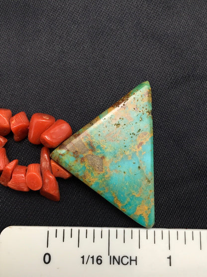 Native Kingman Turquoise Pendant Coral Brass Old Pawn Necklace 19" 04030