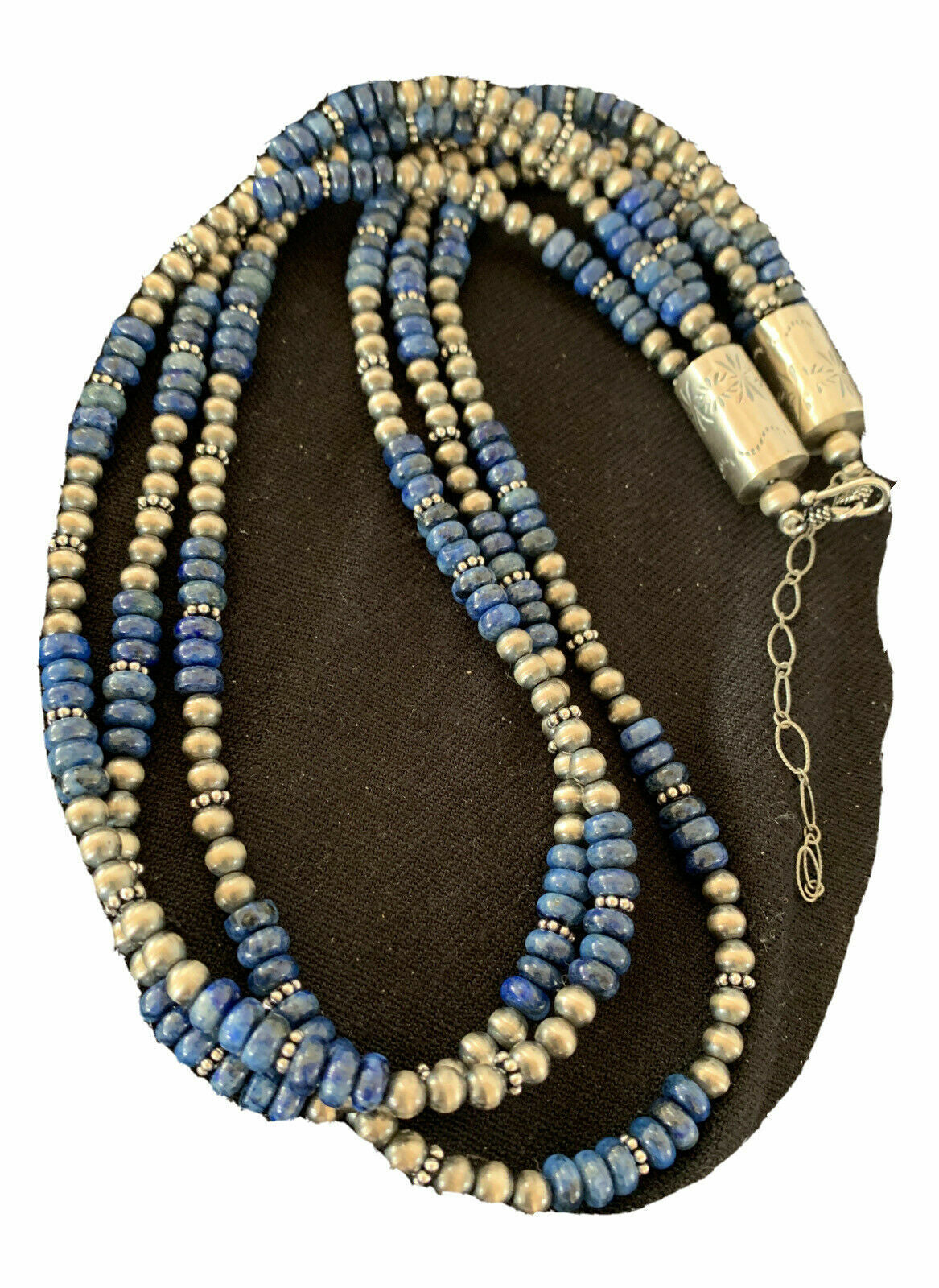 Native Navajo Pearls Denim Lapis 3 Strand Sterling Silver 21” Necklace 00929