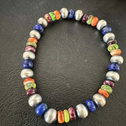 Multicolor Lapis Turquoise Stretch Bead Bracelet Navajo Sterling Silver 17907