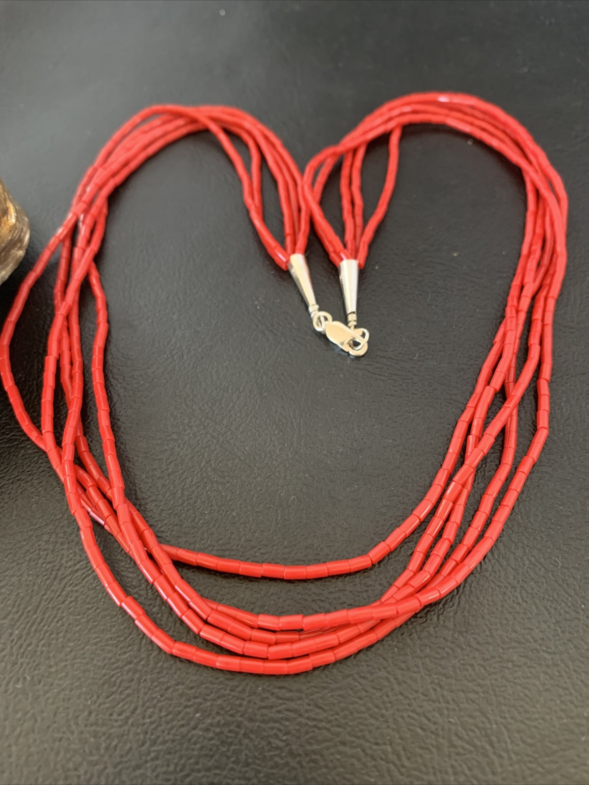 Red Coral Stabilized Heishi 5 Strand Sterling Silver Necklace 20” 2207