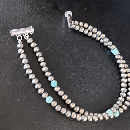 Native Navajo Sterling Silver Blue Turquoise Bracelet 2S 7.5" 14385