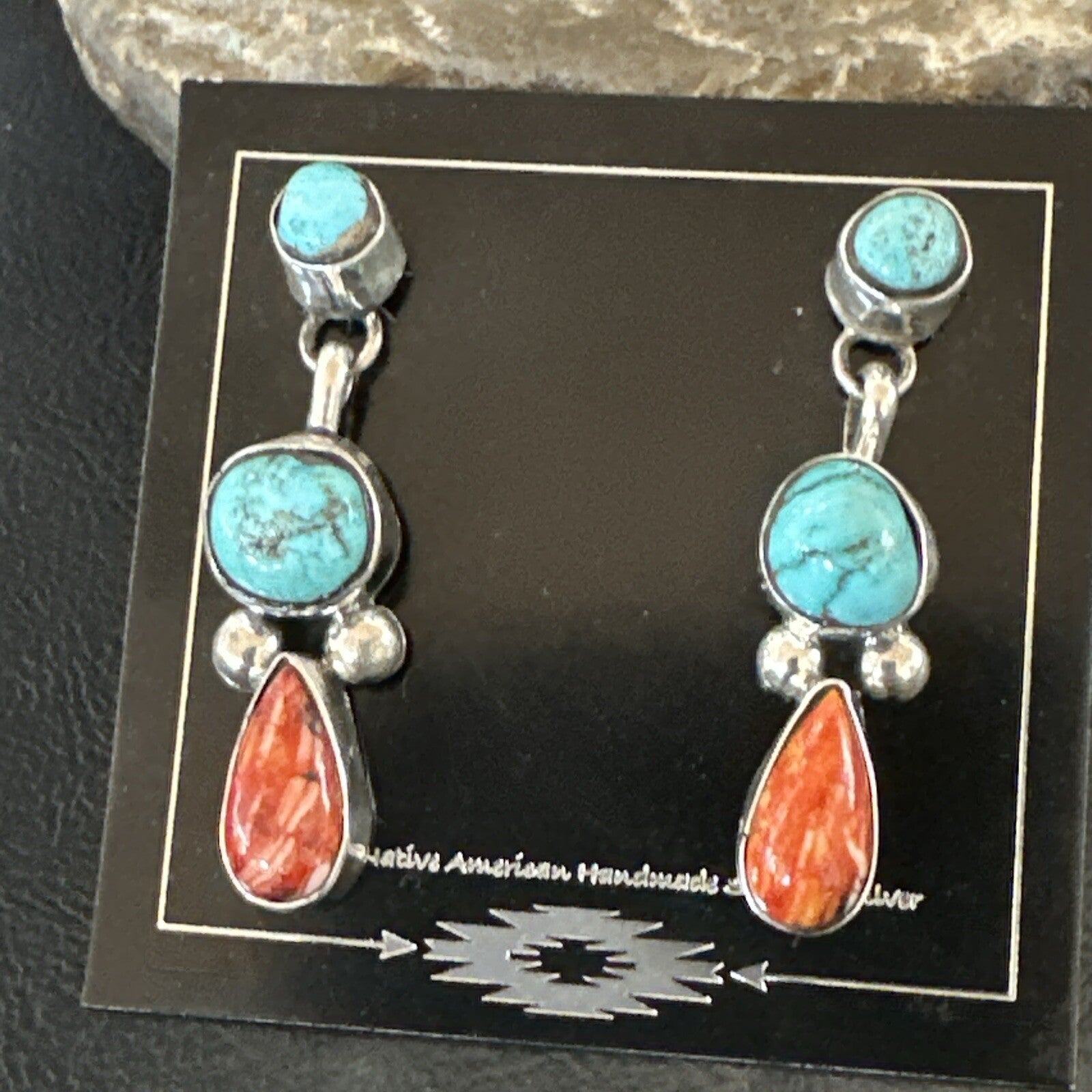 Blue Turquoise Red Spiny MultiColor Navajo Sterling Silver Inlay Earrings 18354