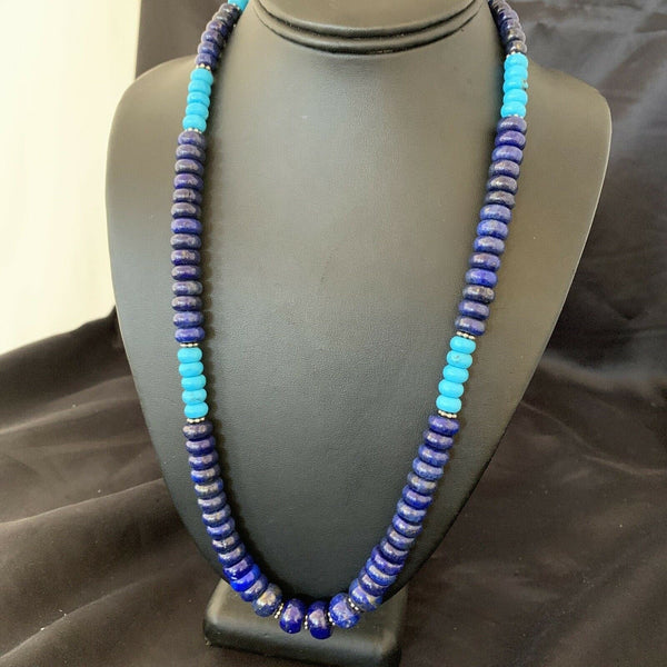 Men's Lapis and Turquoise Beaded Necklace 23" | Sterling Silver | Authentic Native American Handmade | 10835