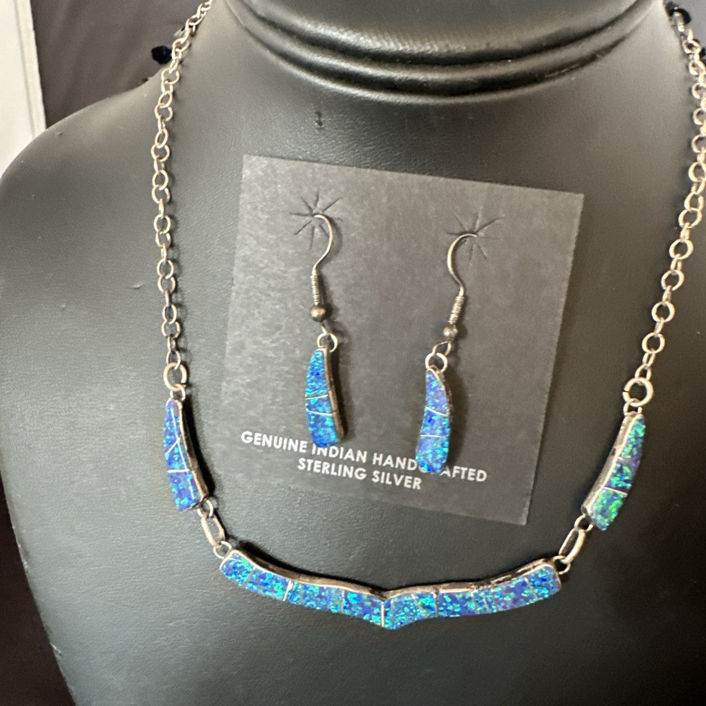 Old Pawn Blue Opal Necklace Inlay Navajo Sterling Silver 16" Earrings 19125