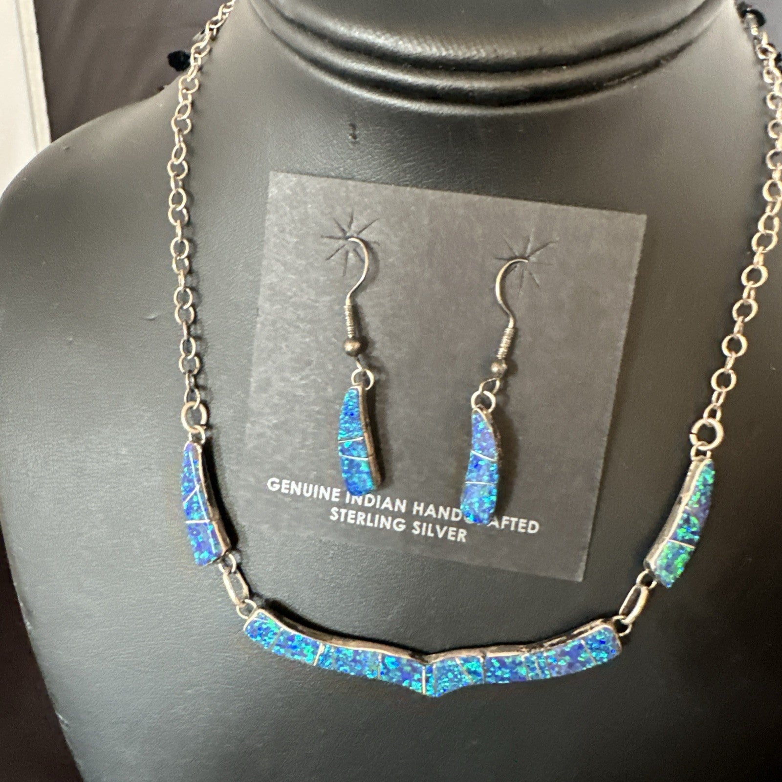 Old Pawn Blue Opal Necklace Inlay Navajo Sterling Silver 16" Earrings 19125