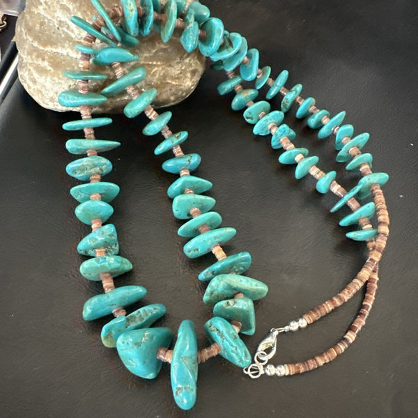 XL Navajo Kingman Turquoise Shell Heishi Bead 34"Necklace | Sterling Silver | Authentic Native American Handmade | 19635